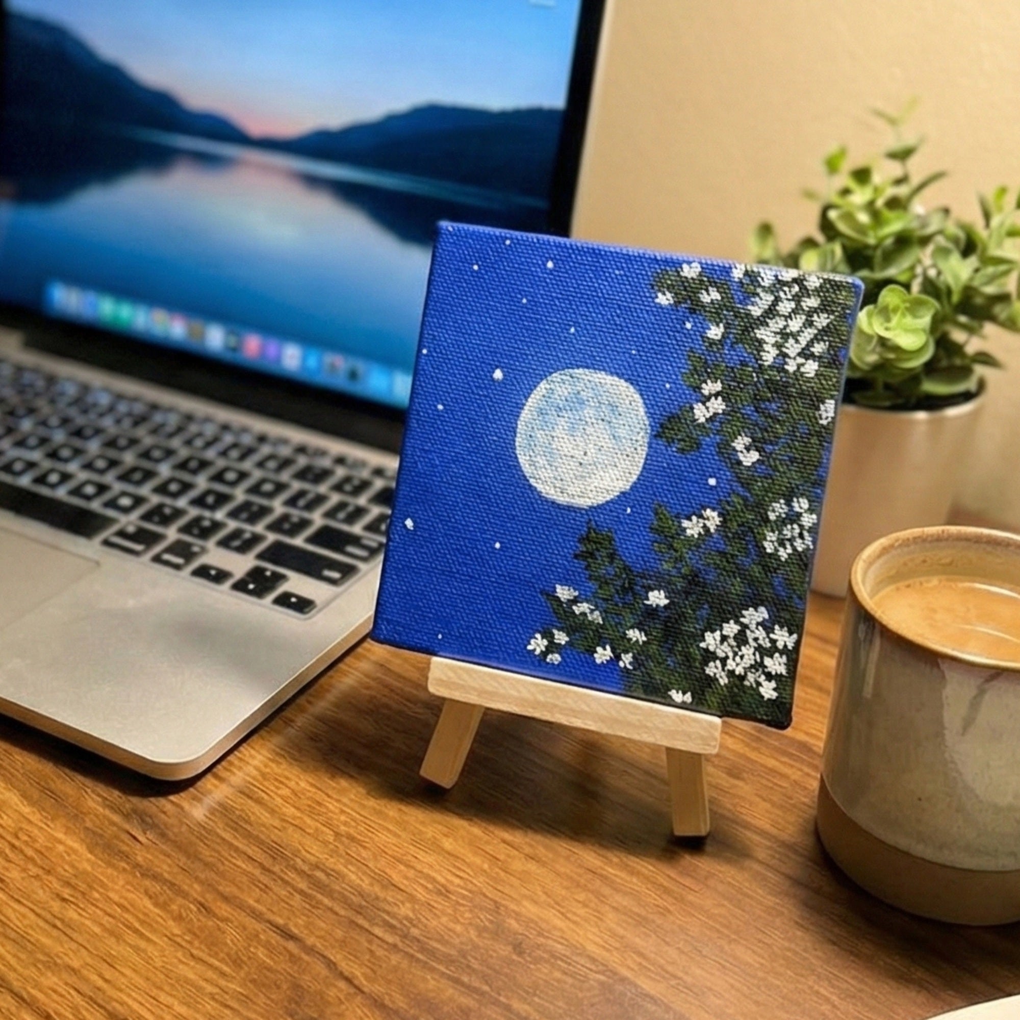 Bright Full Moon Mini Canvas Painting with Easel - 4x4 Inch- Handmade Night Sky with stars Acrylic Art with Floral Details, Starry Night with Leaves, Moon Glow Artwork,
