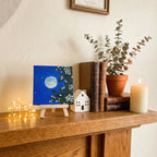 Bright Full Moon Mini Canvas Painting with Easel - 4x4 Inch- Handmade Night Sky with stars Acrylic Art with Floral Details, Starry Night with Leaves, Moon Glow Artwork,