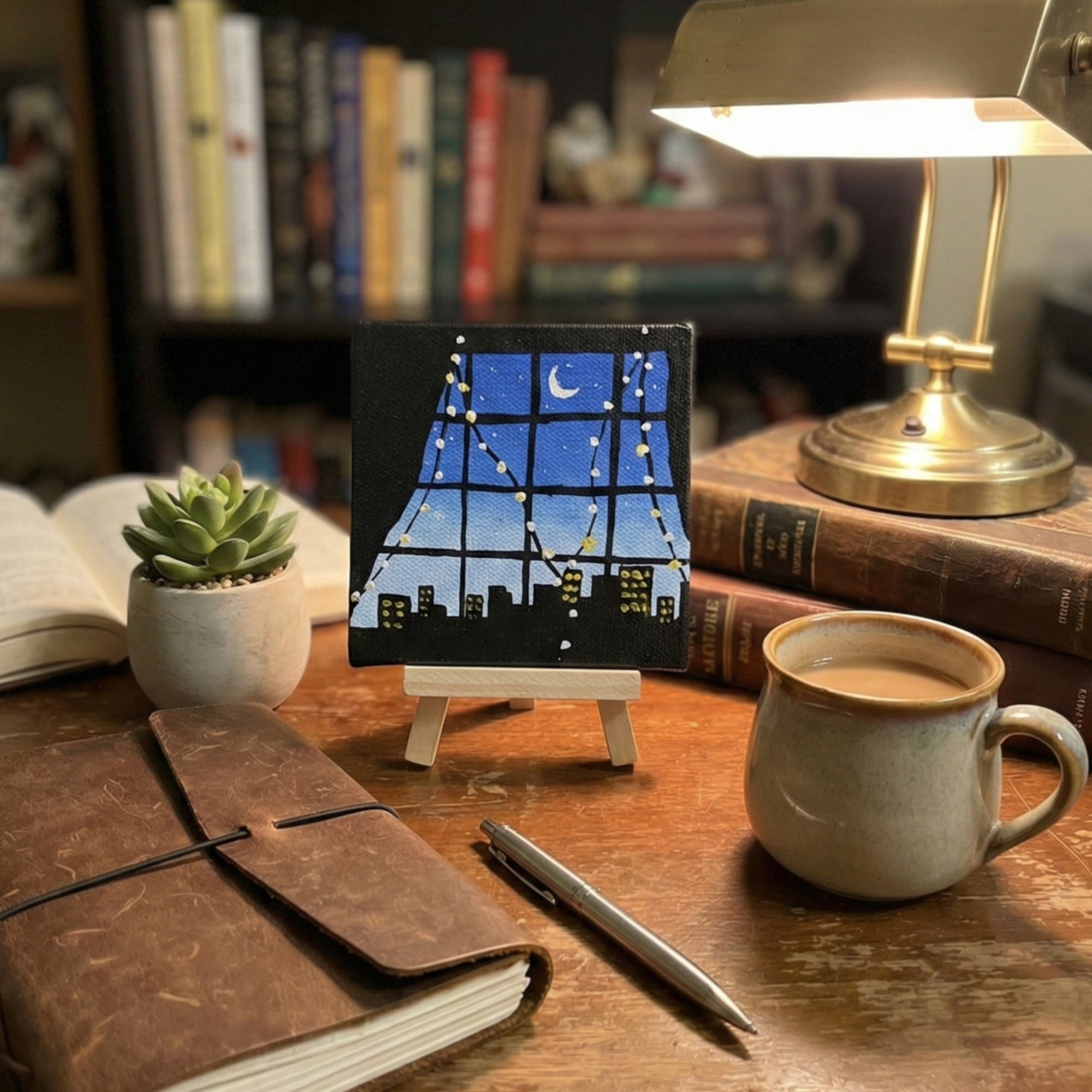 Handmade Night Sky Cityscape Canvas with Easel – 4×4 inch Acrylic Mini Art for Home Décor, Study Table, Office Desk & Gifting