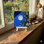Bright Full Moon Mini Canvas Painting with Easel - 4x4 Inch- Handmade Night Sky with stars Acrylic Art with Floral Details, Starry Night with Leaves, Moon Glow Artwork,