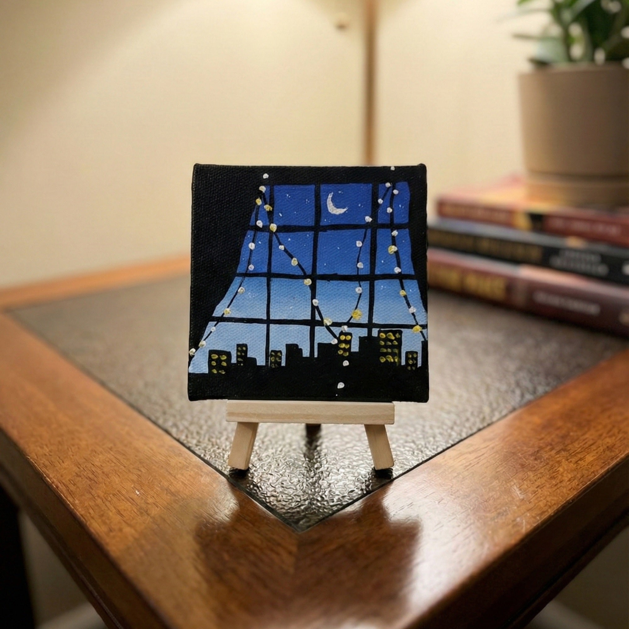 Handmade Night Sky Cityscape Canvas with Easel – 4×4 inch Acrylic Mini Art for Home Décor, Study Table, Office Desk & Gifting