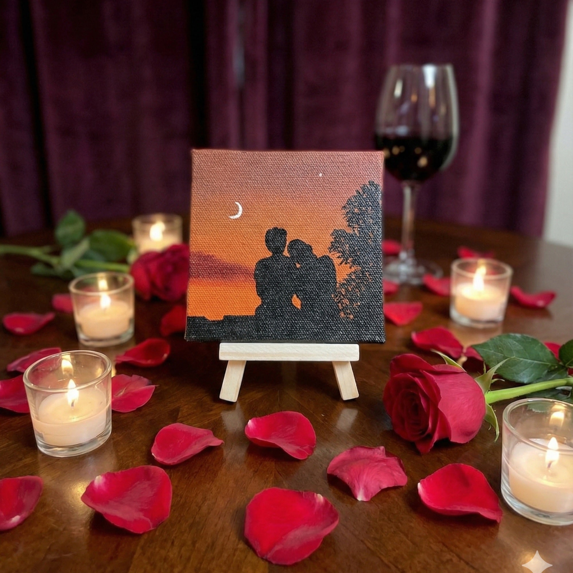Romantic Sunset Couple Mini Canvas Painting with Ease- 4x4 Inch- Handmade Couple Silhouette Art, Love Scene Art, Acrylic Love Artwork, Aesthetic Room & Desk Décor