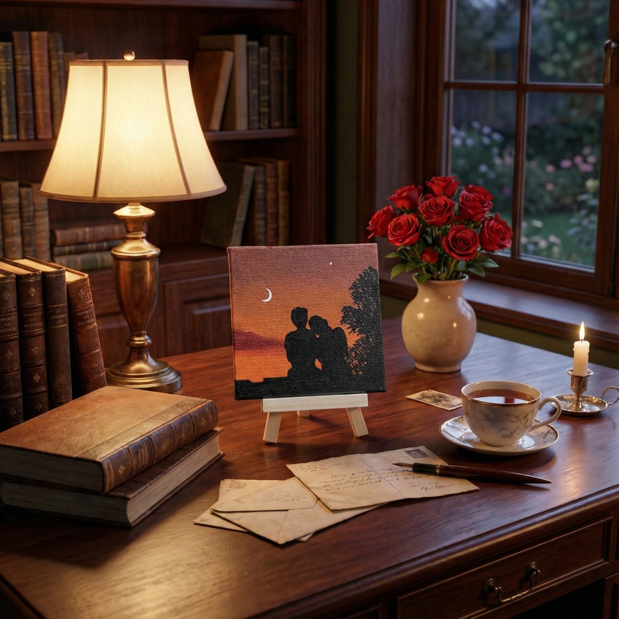 Romantic Sunset Couple Mini Canvas Painting with Ease- 4x4 Inch- Handmade Couple Silhouette Art, Love Scene Art, Acrylic Love Artwork, Aesthetic Room & Desk Décor