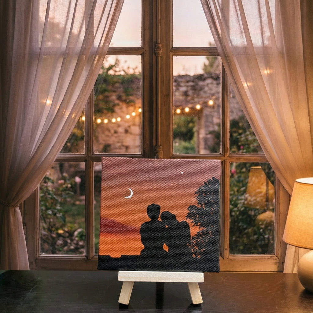 Romantic Sunset Couple Mini Canvas Painting with Ease- 4x4 Inch- Handmade Couple Silhouette Art, Love Scene Art, Acrylic Love Artwork, Aesthetic Room & Desk Décor