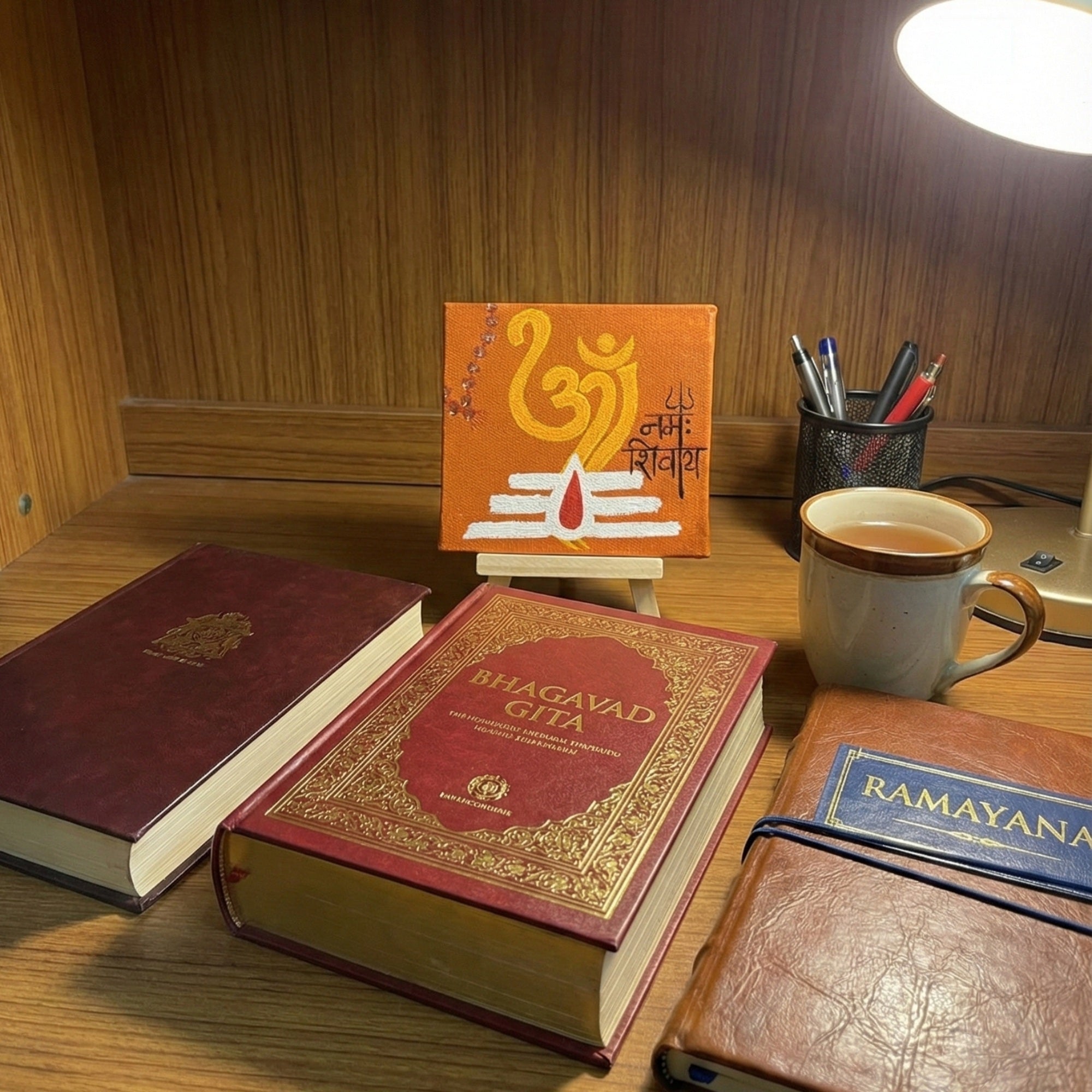 Om Namah Shivay Handmade Canvas Painting for Home Decoration, Living Room, Study Table (4*4 inches) with Easel