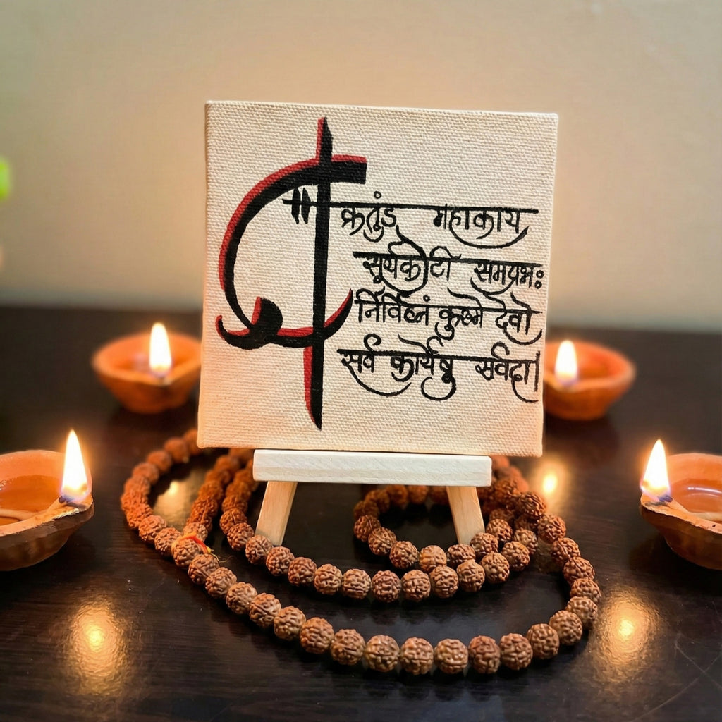 Divine Ganesha Mantra Desk Display – Handmade 4×4 Canvas with Easel | Ideal for Study Table, Home Décor & Puja Corners