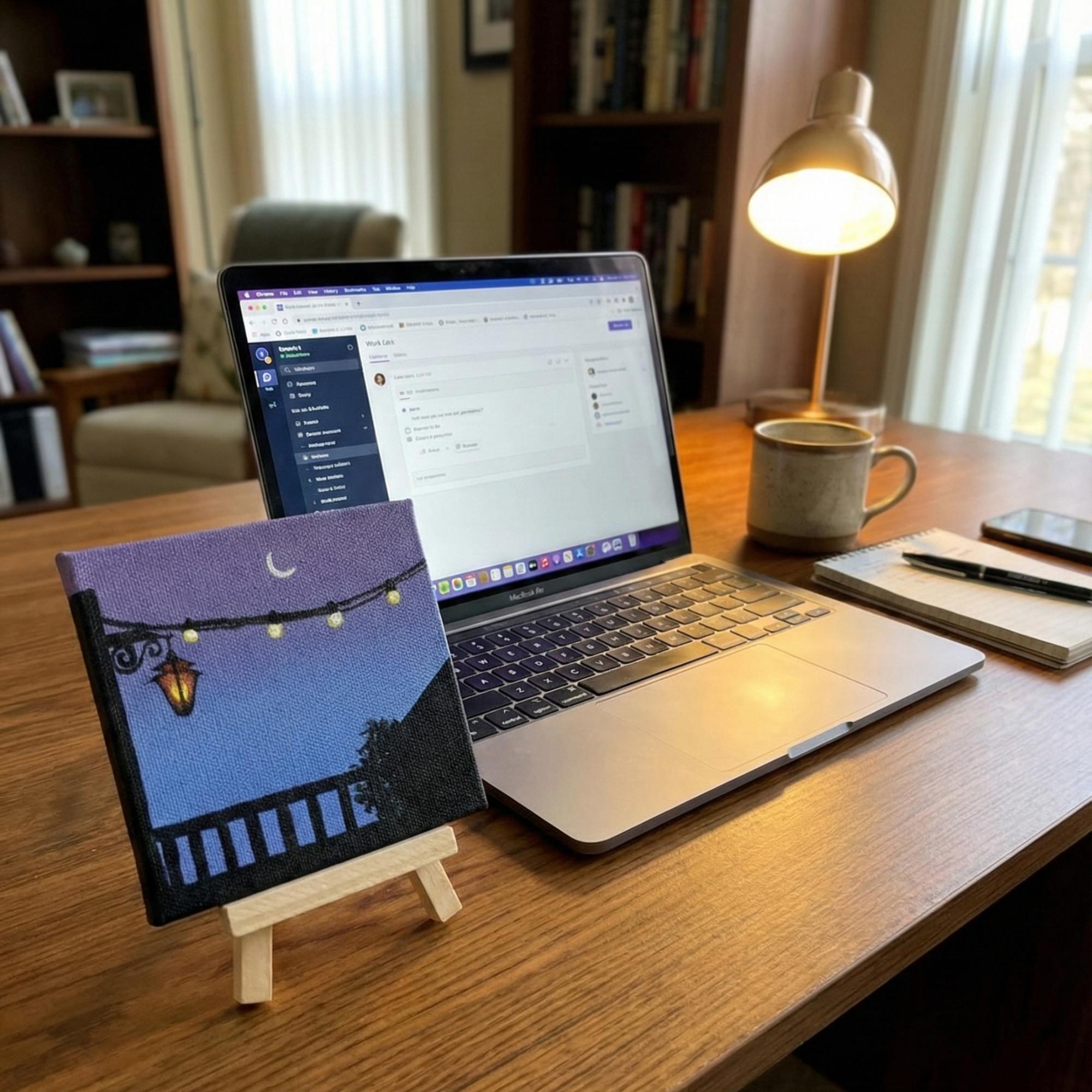 Moonlight Balcony Mini Canvas Painting With Easel - 4x4 Inch- Handmade Acrylic Art, Aesthetic Night Sky Décor, Fairy Lights Artwork, Table & Room Décor