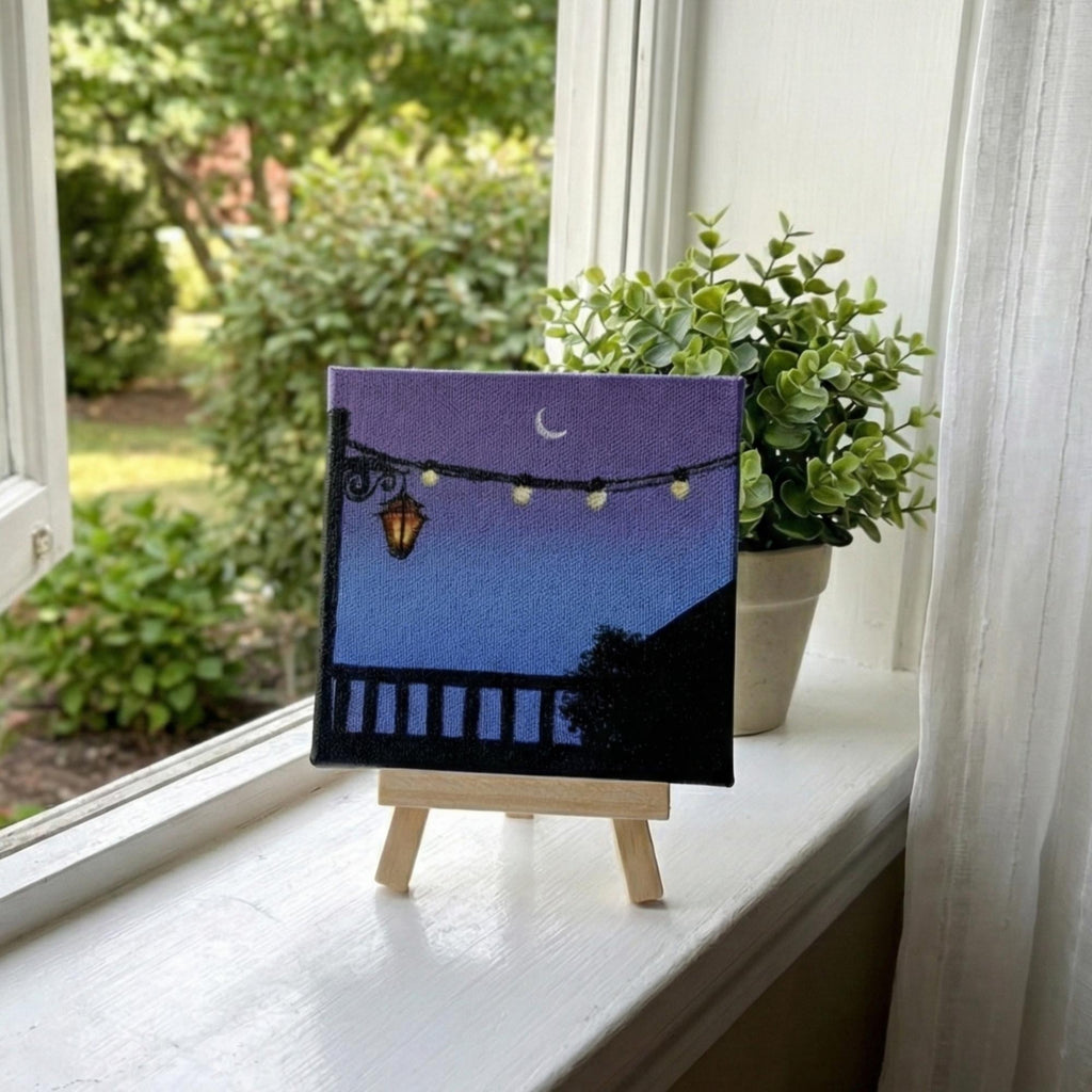 Moonlight Balcony Mini Canvas Painting With Easel - 4x4 Inch- Handmade Acrylic Art, Aesthetic Night Sky Décor, Fairy Lights Artwork, Table & Room Décor