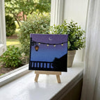 Moonlight Balcony Mini Canvas Painting With Easel - 4x4 Inch- Handmade Acrylic Art, Aesthetic Night Sky Décor, Fairy Lights Artwork, Table & Room Décor