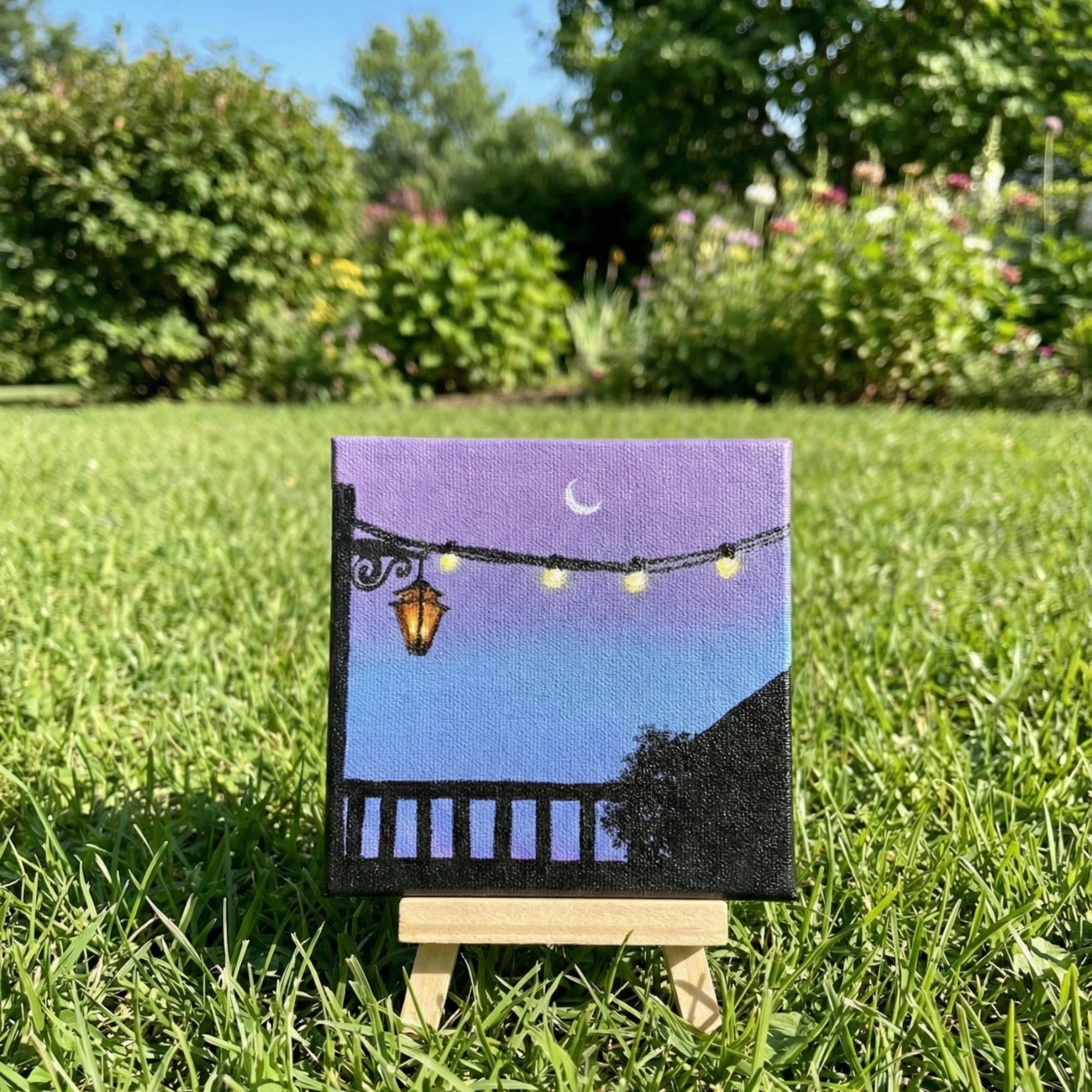 Moonlight Balcony Mini Canvas Painting With Easel - 4x4 Inch- Handmade Acrylic Art, Aesthetic Night Sky Décor, Fairy Lights Artwork, Table & Room Décor