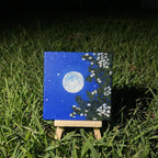Bright Full Moon Mini Canvas Painting with Easel - 4x4 Inch- Handmade Night Sky with stars Acrylic Art with Floral Details, Starry Night with Leaves, Moon Glow Artwork,