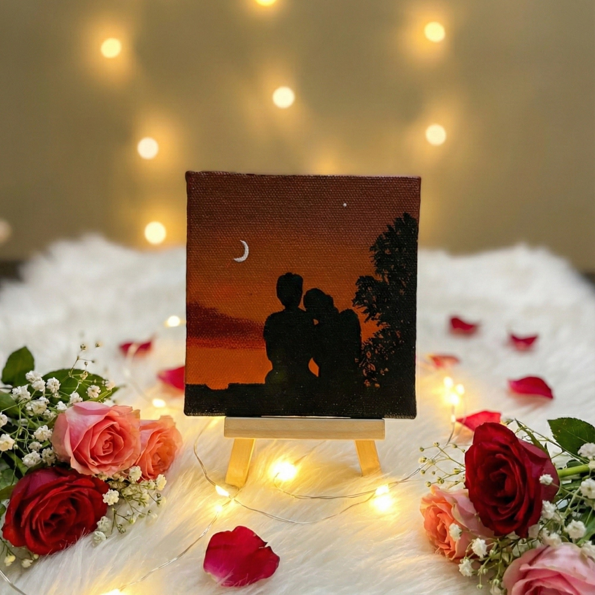 Romantic Sunset Couple Mini Canvas Painting with Ease- 4x4 Inch- Handmade Couple Silhouette Art, Love Scene Art, Acrylic Love Artwork, Aesthetic Room & Desk Décor