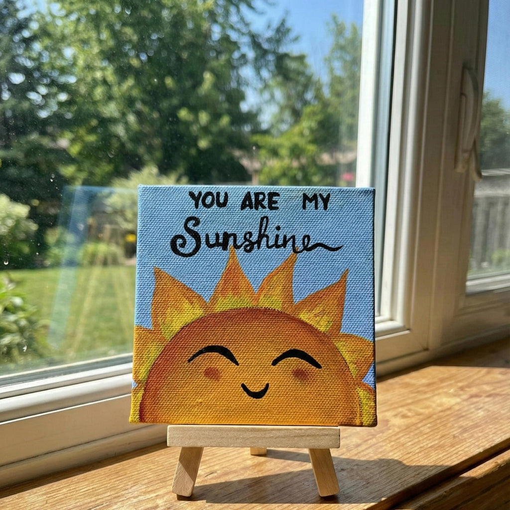 You Are My Sunshine Quote Art – Handmade 4×4 Mini Canvas with Easel | Bright Sun Aesthetic Home Décor