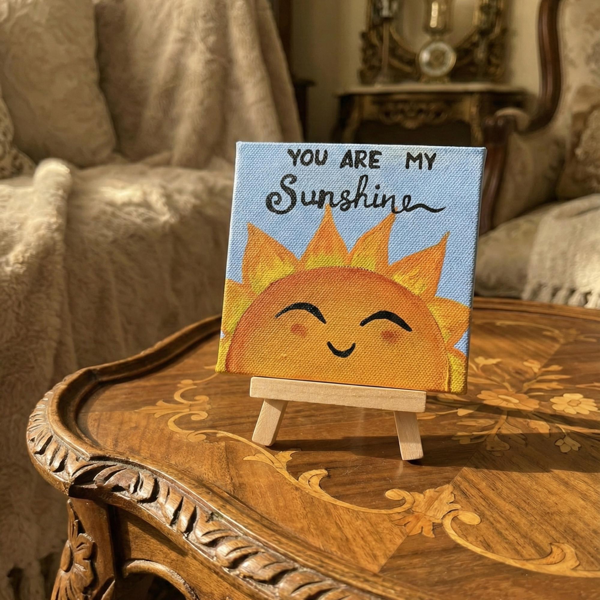You Are My Sunshine Quote Art – Handmade 4×4 Mini Canvas with Easel | Bright Sun Aesthetic Home Décor