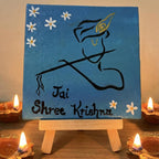 Jai Shree Krishna Handmade Canvas Painting with Easel - 4x4 Inch- Inspirational Desk & Puja Décor, Spiritual & Hind Religious Decor