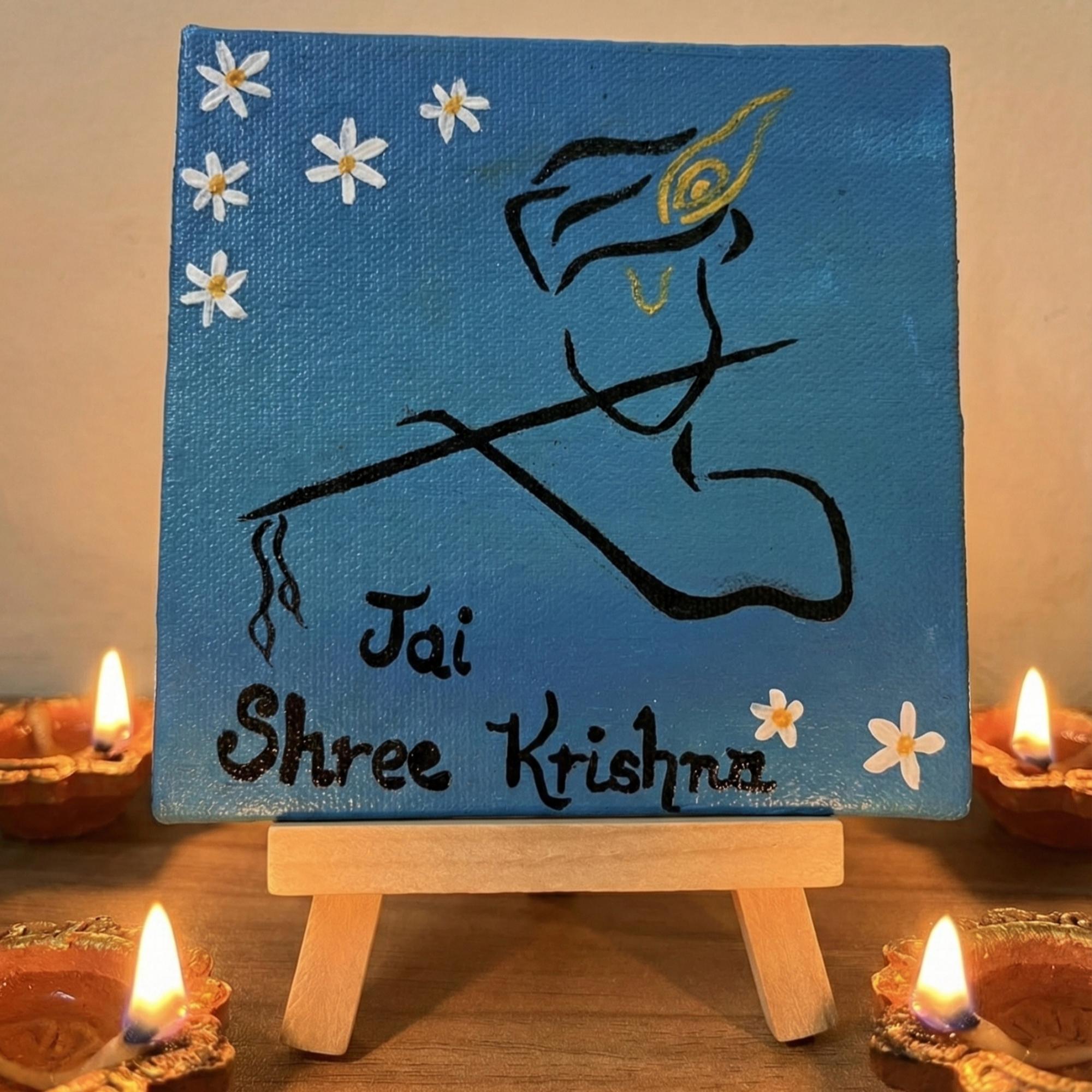 Jai Shree Krishna Handmade Canvas Painting with Easel - 4x4 Inch- Inspirational Desk & Puja Décor, Spiritual & Hind Religious Decor
