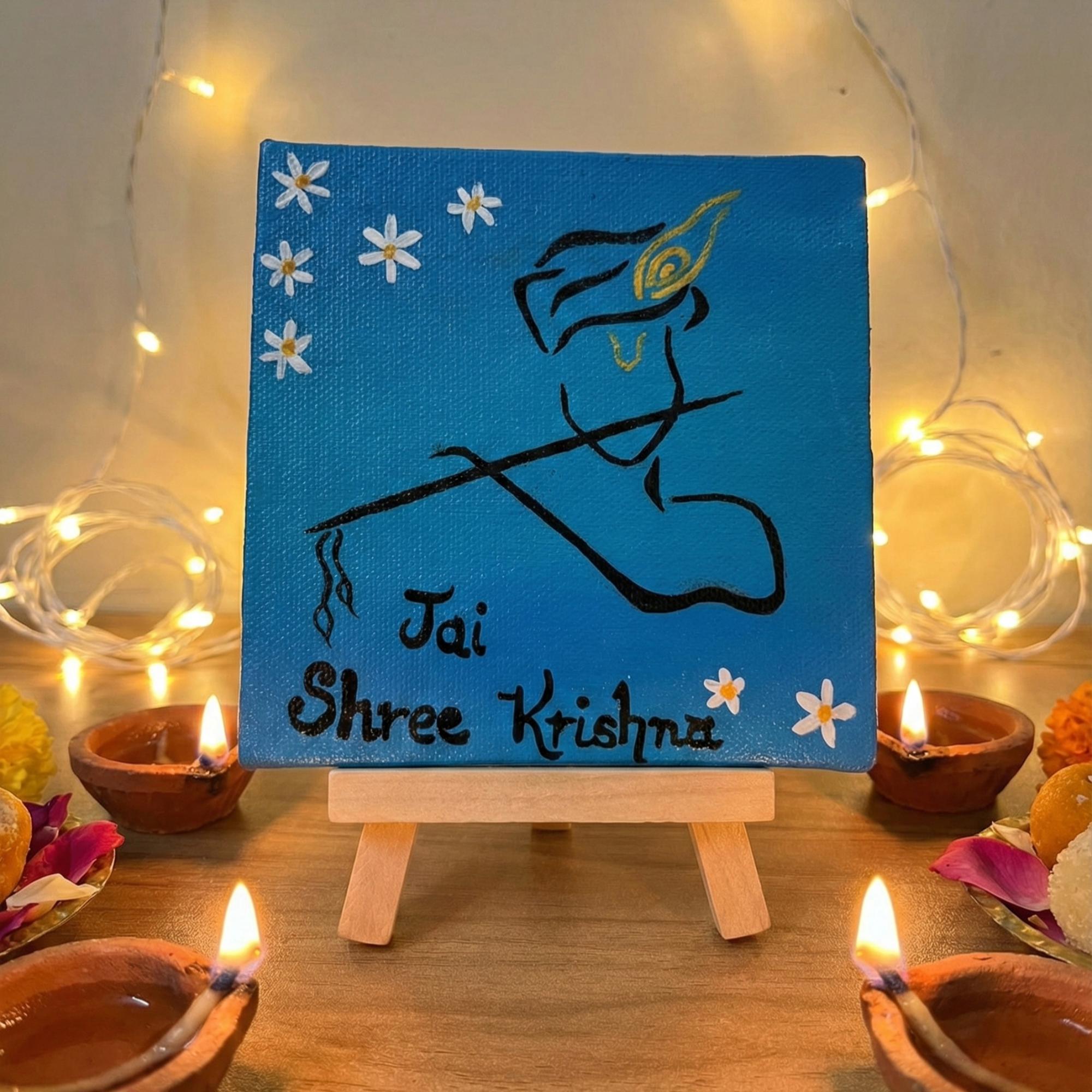 Jai Shree Krishna Handmade Canvas Painting with Easel - 4x4 Inch- Inspirational Desk & Puja Décor, Spiritual & Hind Religious Decor