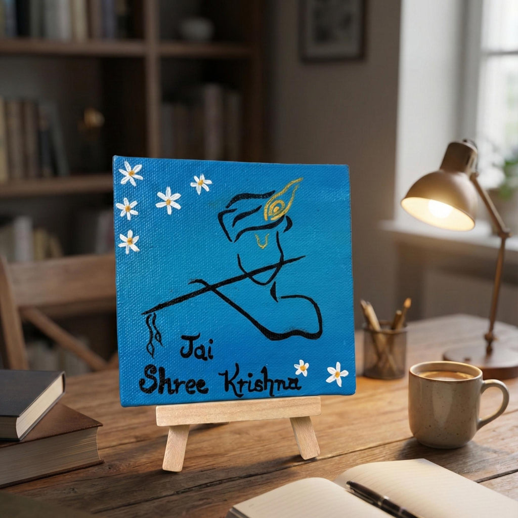 Jai Shree Krishna Handmade Canvas Painting with Easel - 4x4 Inch- Inspirational Desk & Puja Décor, Spiritual & Hind Religious Decor
