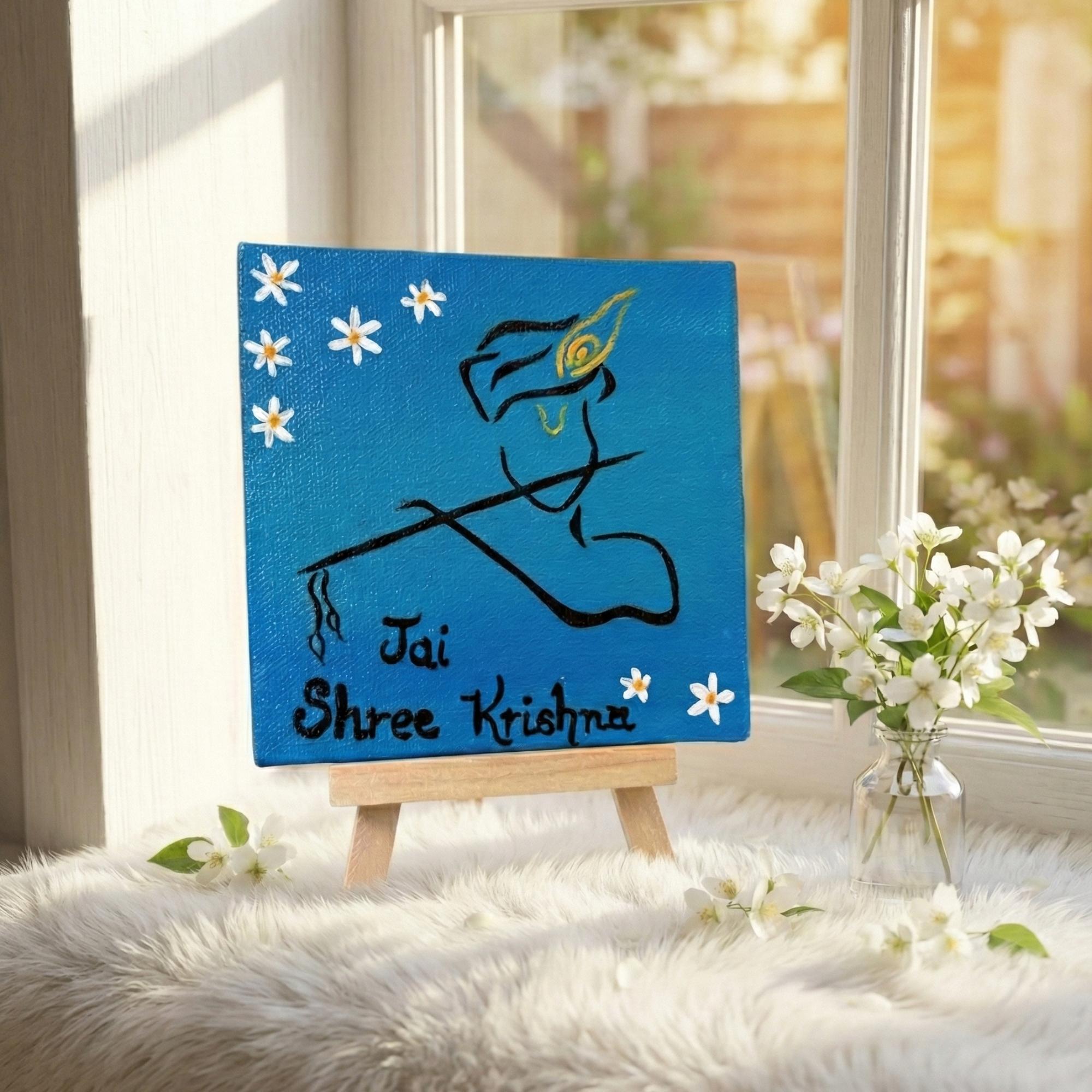 Jai Shree Krishna Handmade Canvas Painting with Easel - 4x4 Inch- Inspirational Desk & Puja Décor, Spiritual & Hind Religious Decor