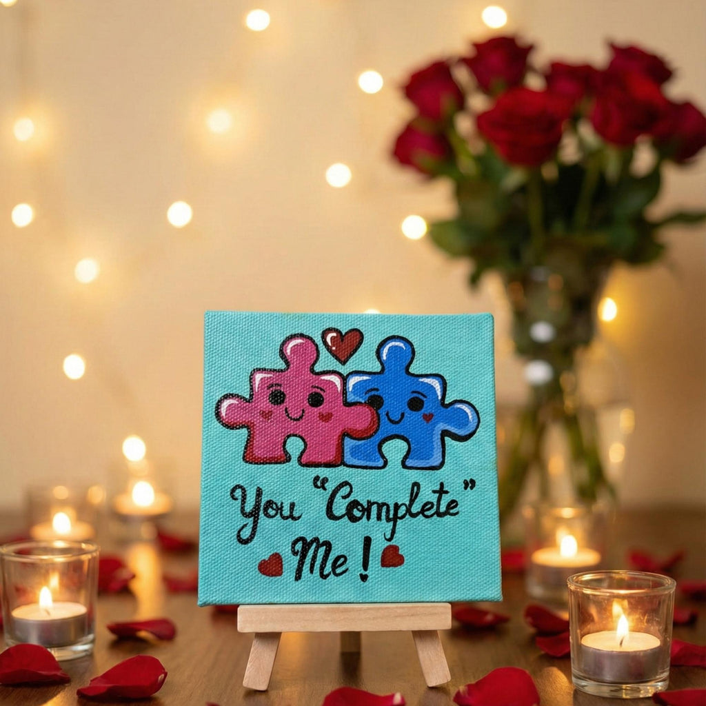 You Complete Me - Cute Love Puzzle Painting | Handmade 4×4 Inch Canvas Art with Wooden Easel | Romantic Home Mini Canvas Desk Décor | Romantic Gift for Anniversary & Valentine