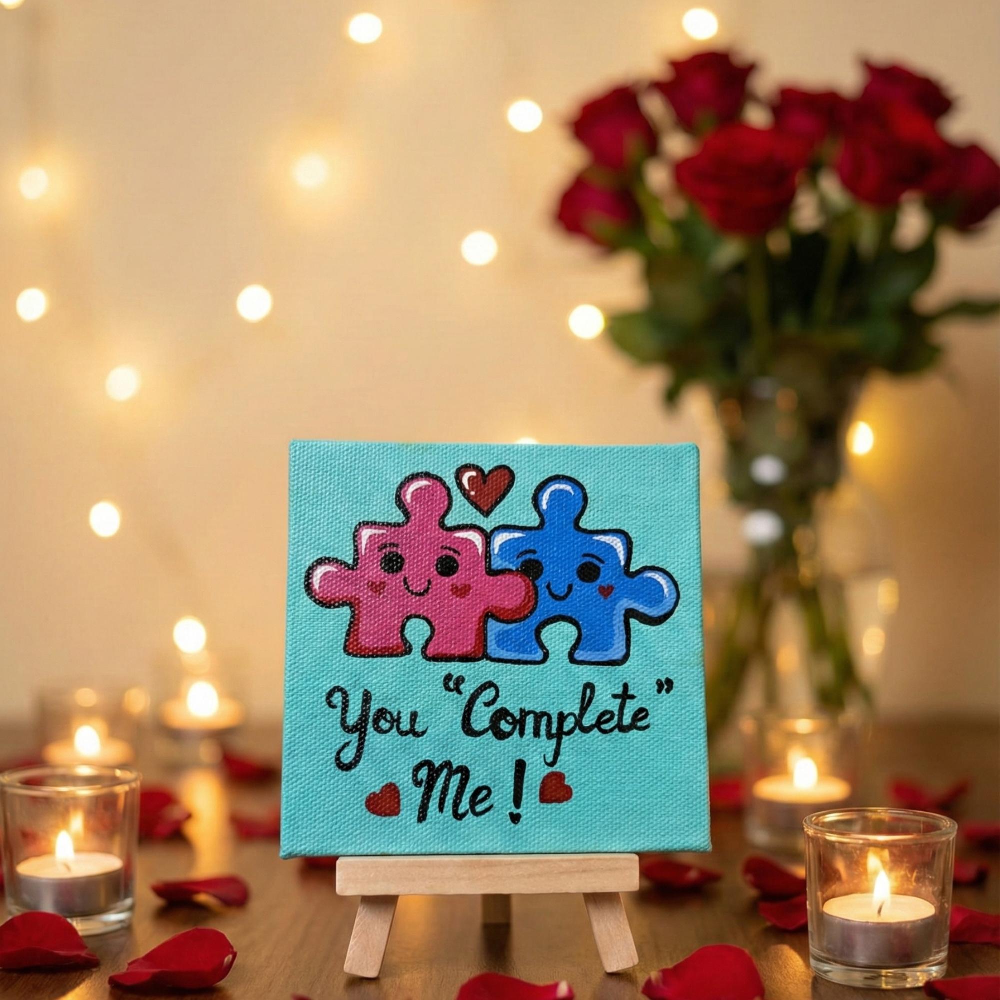 You Complete Me - Cute Love Puzzle Painting | Handmade 4×4 Inch Canvas Art with Wooden Easel | Romantic Home Mini Canvas Desk Décor | Romantic Gift for Anniversary & Valentine