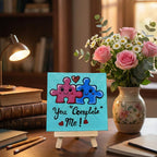 You Complete Me - Cute Love Puzzle Painting | Handmade 4×4 Inch Canvas Art with Wooden Easel | Romantic Home Mini Canvas Desk Décor | Romantic Gift for Anniversary & Valentine