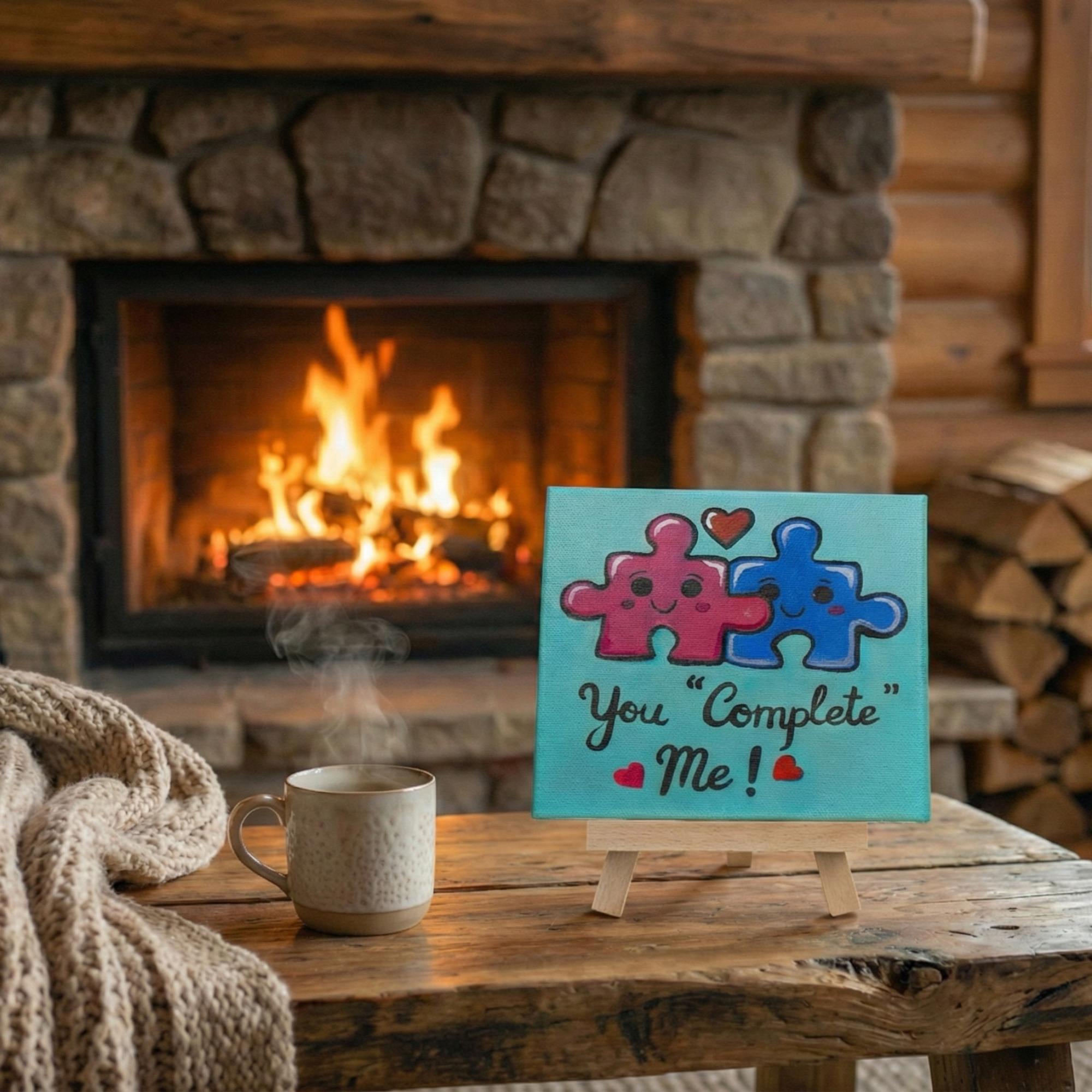 You Complete Me - Cute Love Puzzle Painting | Handmade 4×4 Inch Canvas Art with Wooden Easel | Romantic Home Mini Canvas Desk Décor | Romantic Gift for Anniversary & Valentine