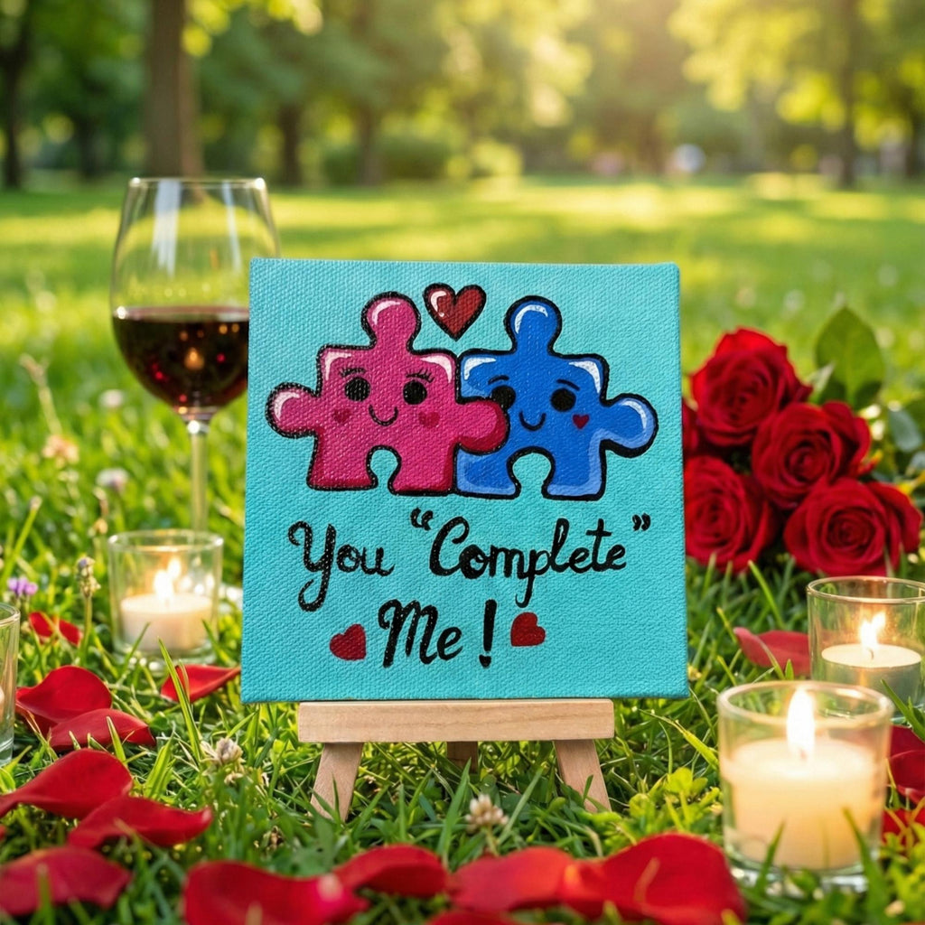 You Complete Me - Cute Love Puzzle Painting | Handmade 4×4 Inch Canvas Art with Wooden Easel | Romantic Home Mini Canvas Desk Décor | Romantic Gift for Anniversary & Valentine