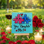 You Complete Me - Cute Love Puzzle Painting | Handmade 4×4 Inch Canvas Art with Wooden Easel | Romantic Home Mini Canvas Desk Décor | Romantic Gift for Anniversary & Valentine