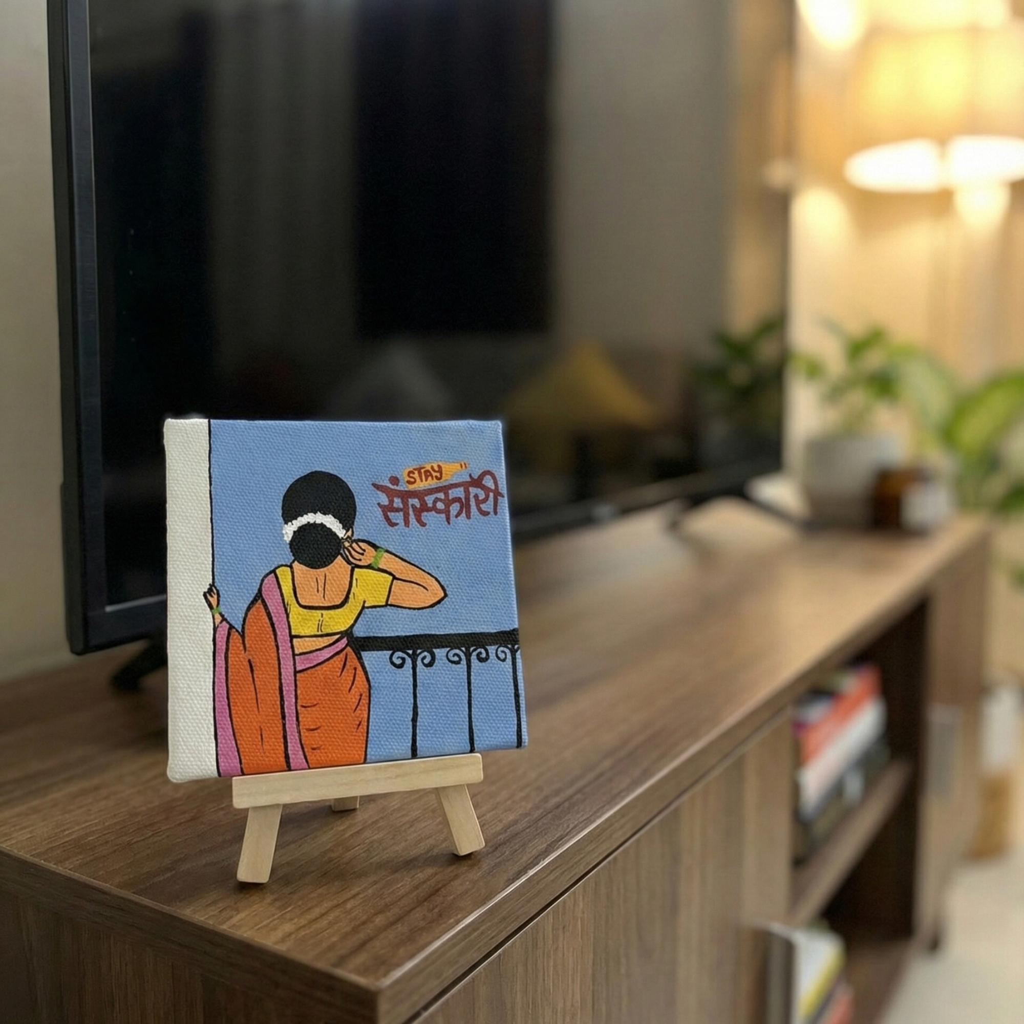 Stay Sanskari Desi Girl Painting | Handmade Acrylic 4×4 Inch Mini Canvas Art with Wooden Easel | Indian Folk & Traditional Art | Desi Aesthetic Desk, Table & Home Decor Gift