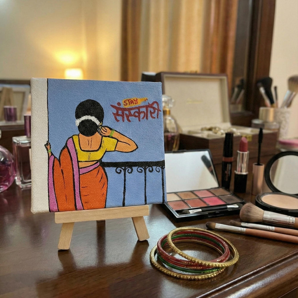 Stay Sanskari Desi Girl Painting | Handmade Acrylic 4×4 Inch Mini Canvas Art with Wooden Easel | Indian Folk & Traditional Art | Desi Aesthetic Desk, Table & Home Decor Gift