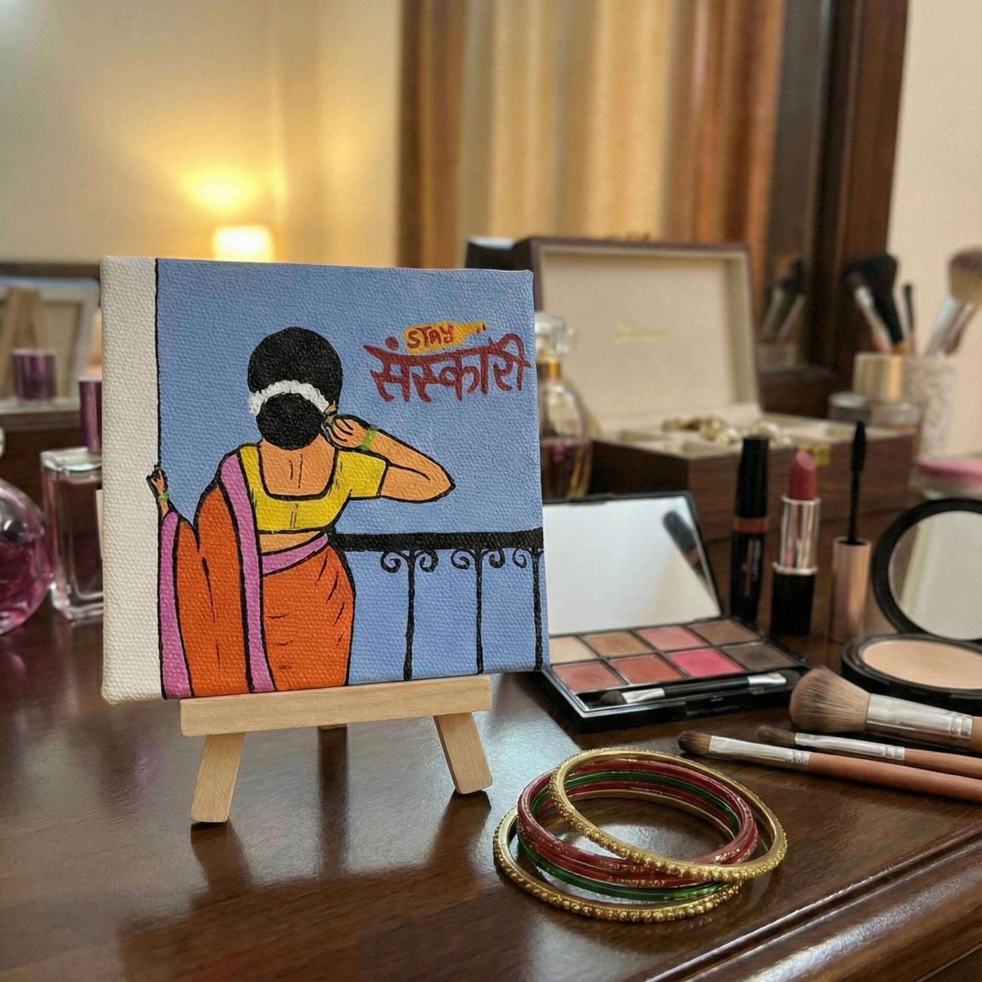 Stay Sanskari Desi Girl Painting | Handmade Acrylic 4×4 Inch Mini Canvas Art with Wooden Easel | Indian Folk & Traditional Art | Desi Aesthetic Desk, Table & Home Decor Gift