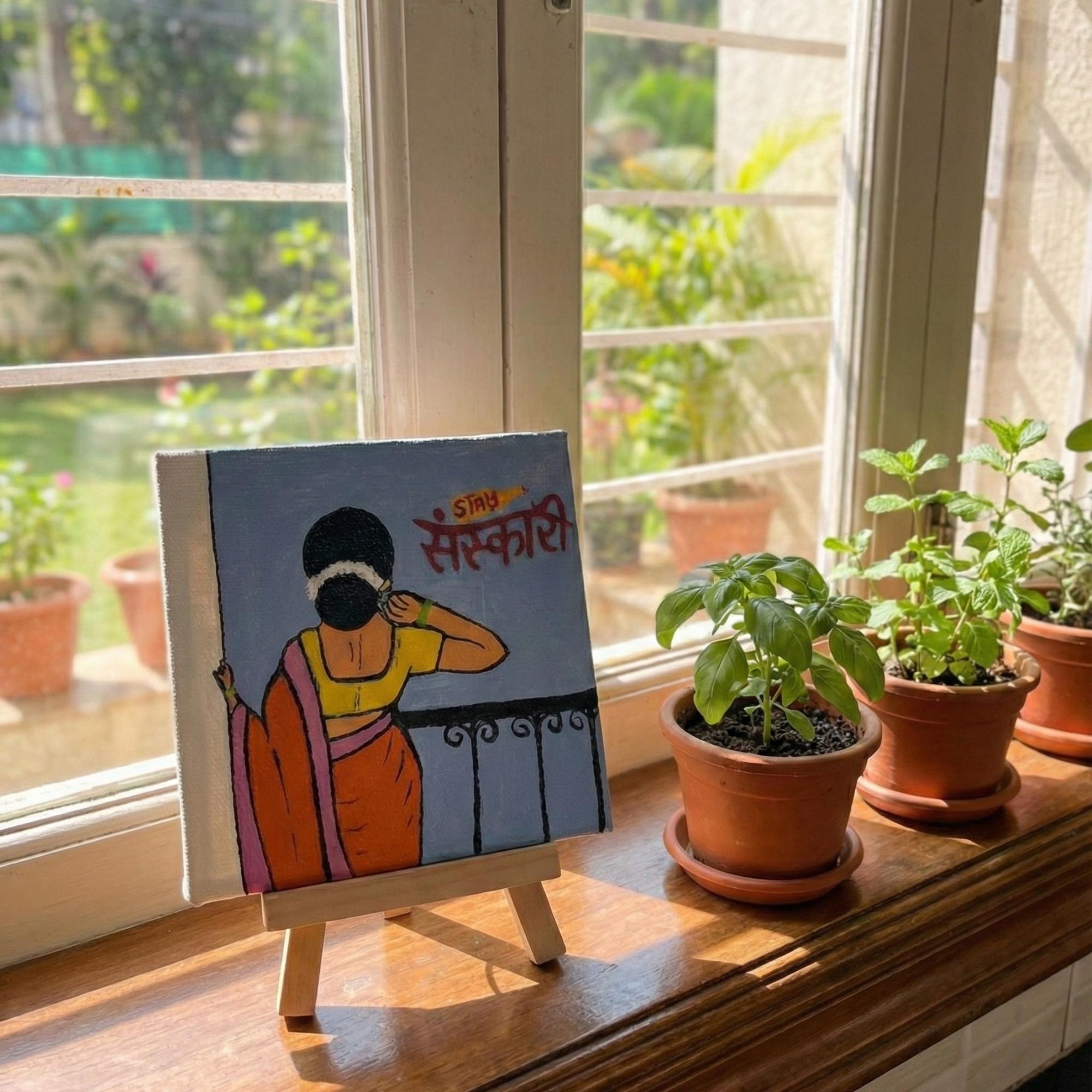 Stay Sanskari Desi Girl Painting | Handmade Acrylic 4×4 Inch Mini Canvas Art with Wooden Easel | Indian Folk & Traditional Art | Desi Aesthetic Desk, Table & Home Decor Gift