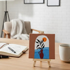 Handmade Abstract Nature Art | Minimal Modern 4×4 Inch Mini Canvas Painting with Wooden Easel | Abstract Botanical Vase & Sun Art | Aesthetic Desk, Table & Home Decor