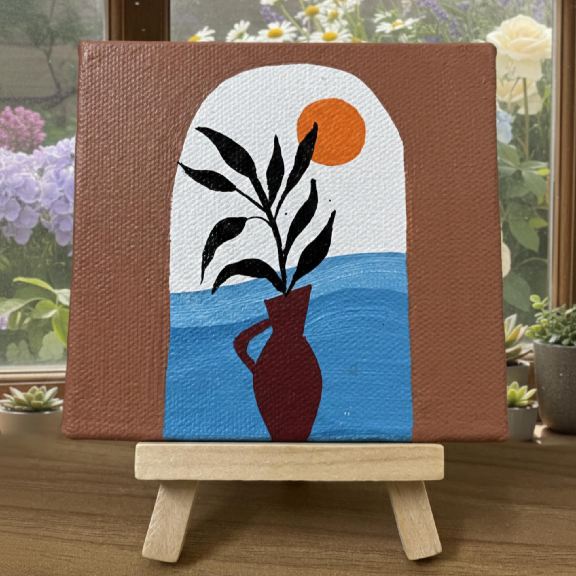 Handmade Abstract Nature Art | Minimal Modern 4×4 Inch Mini Canvas Painting with Wooden Easel | Abstract Botanical Vase & Sun Art | Aesthetic Desk, Table & Home Decor