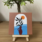 Handmade Abstract Nature Art | Minimal Modern 4×4 Inch Mini Canvas Painting with Wooden Easel | Abstract Botanical Vase & Sun Art | Aesthetic Desk, Table & Home Decor