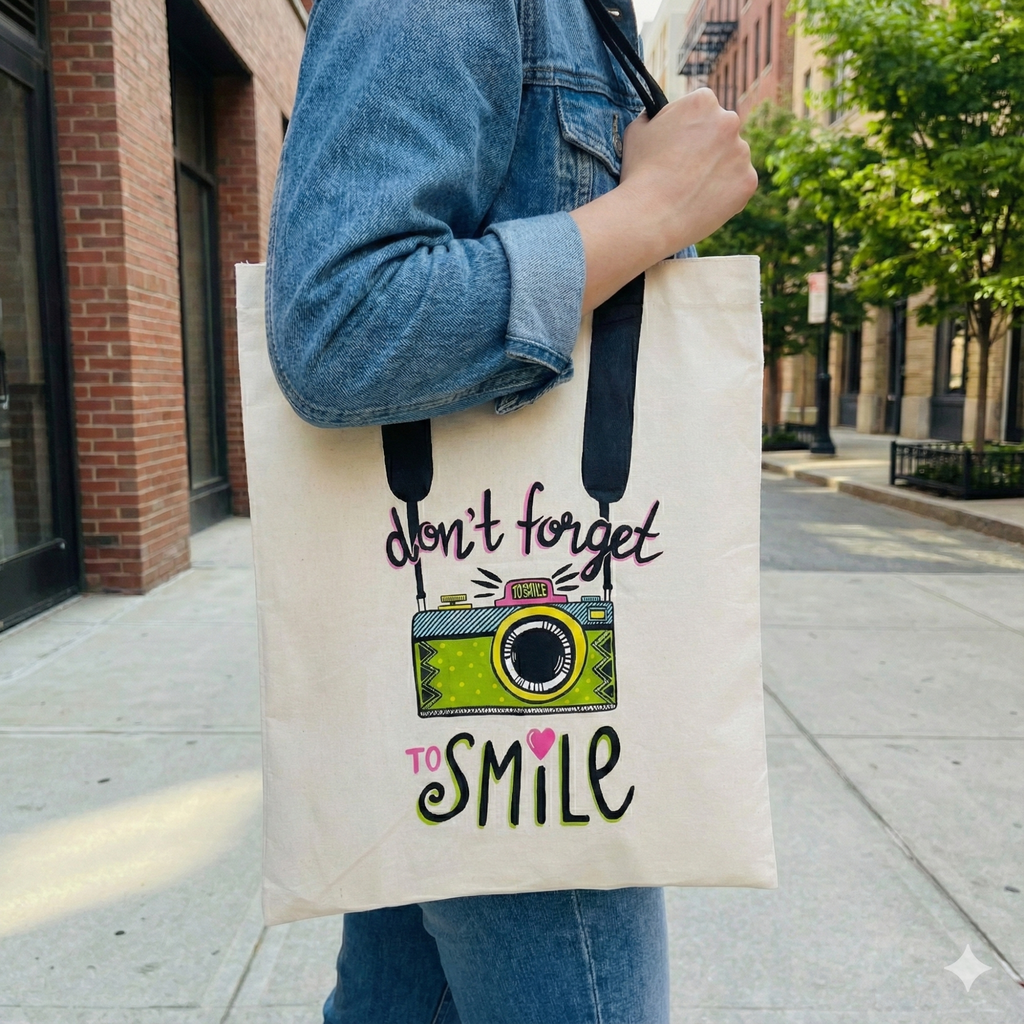 Hand-Painted Cotton Tote Bag with Inside Pocket – “Don’t Forget to Smile” Quote Art Design