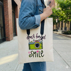 Hand-Painted Cotton Tote Bag with Inside Pocket – “Don’t Forget to Smile” Quote Art Design
