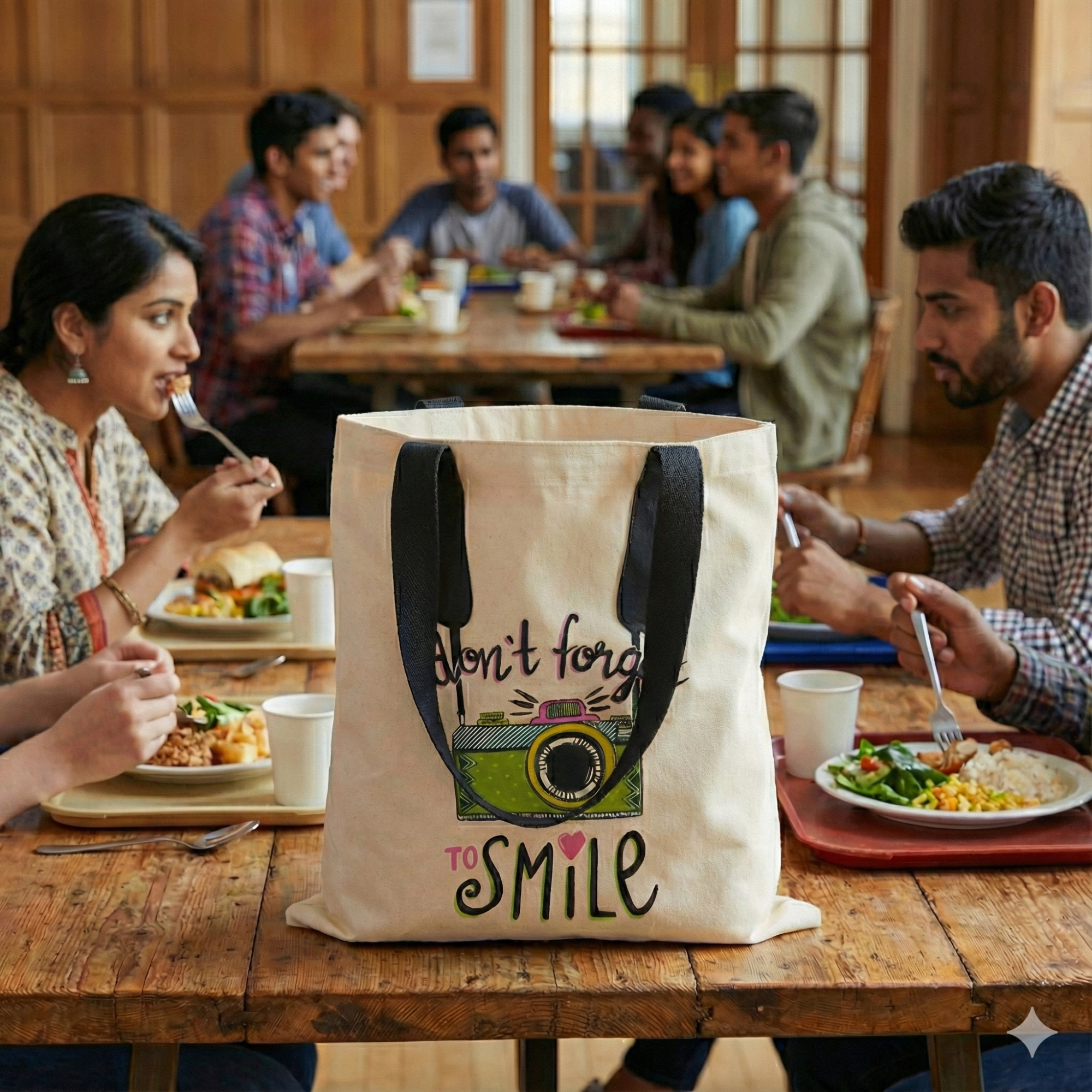 Hand-Painted Cotton Tote Bag with Inside Pocket – “Don’t Forget to Smile” Quote Art Design