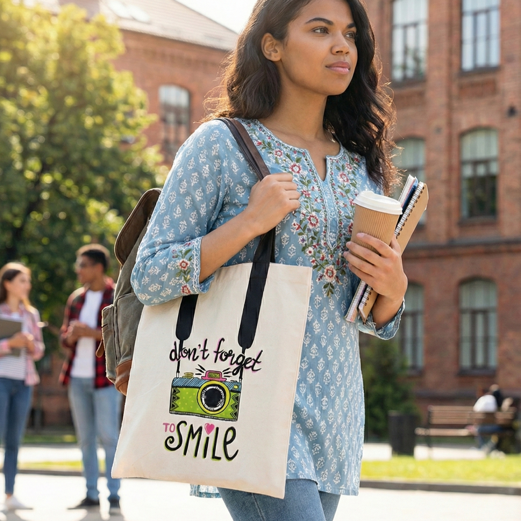 Hand-Painted Cotton Tote Bag with Inside Pocket – “Don’t Forget to Smile” Quote Art Design