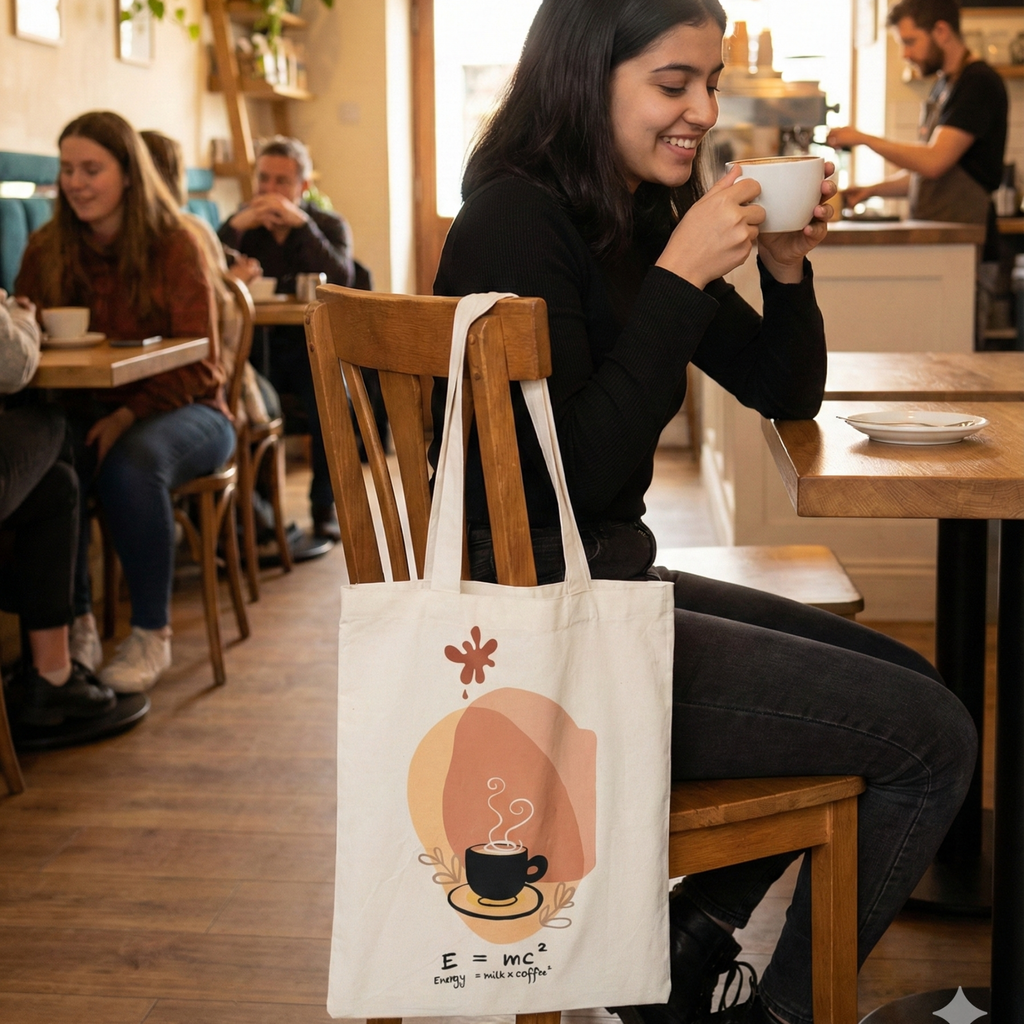 Hand-Painted Cotton Tote Bag with Inside Pocket – “Energy = Milk & Coffee” Coffee Art Design