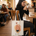 Hand-Painted Cotton Tote Bag with Inside Pocket – “Energy = Milk & Coffee” Coffee Art Design