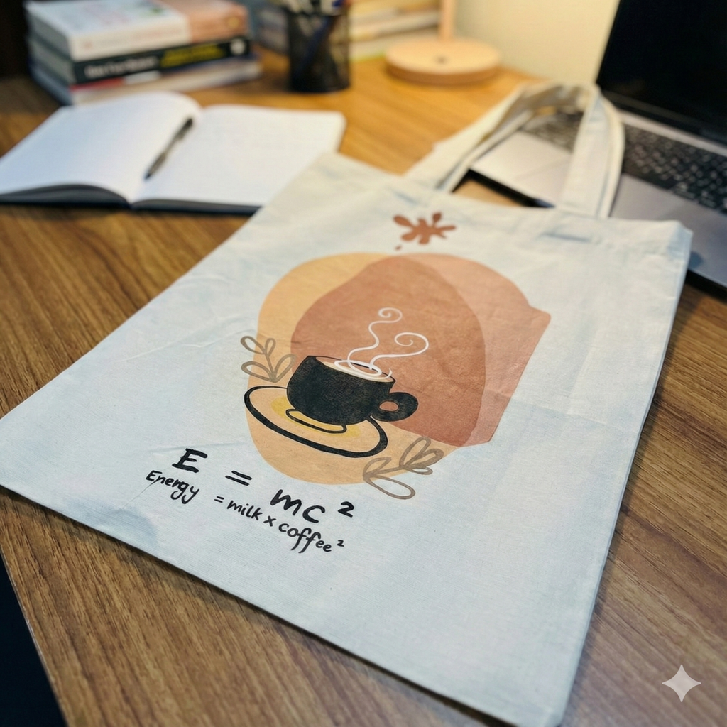 Hand-Painted Cotton Tote Bag with Inside Pocket – “Energy = Milk & Coffee” Coffee Art Design
