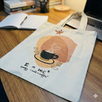 Hand-Painted Cotton Tote Bag with Inside Pocket – “Energy = Milk & Coffee” Coffee Art Design