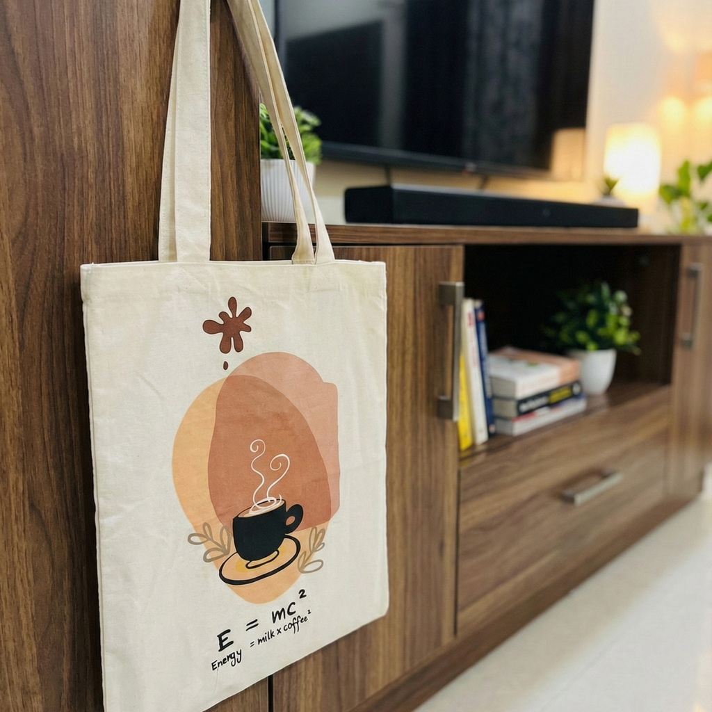 Hand-Painted Cotton Tote Bag with Inside Pocket – “Energy = Milk & Coffee” Coffee Art Design