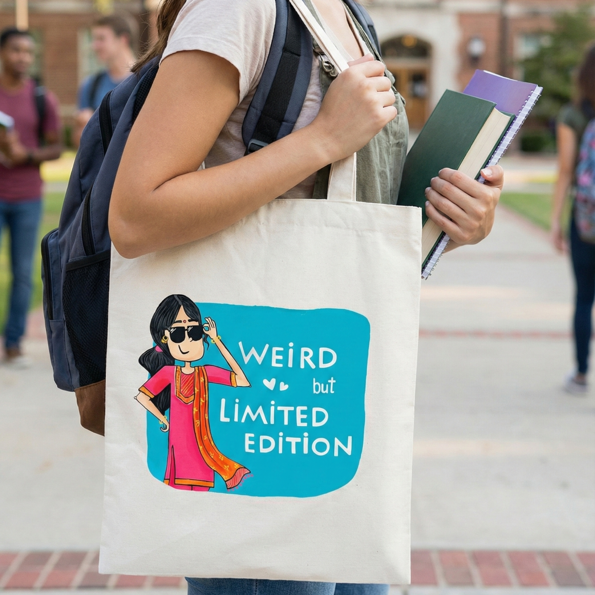 Hand-Painted Cotton Tote Bag with Inside Pocket – “Weird but Limited Edition” Art Design