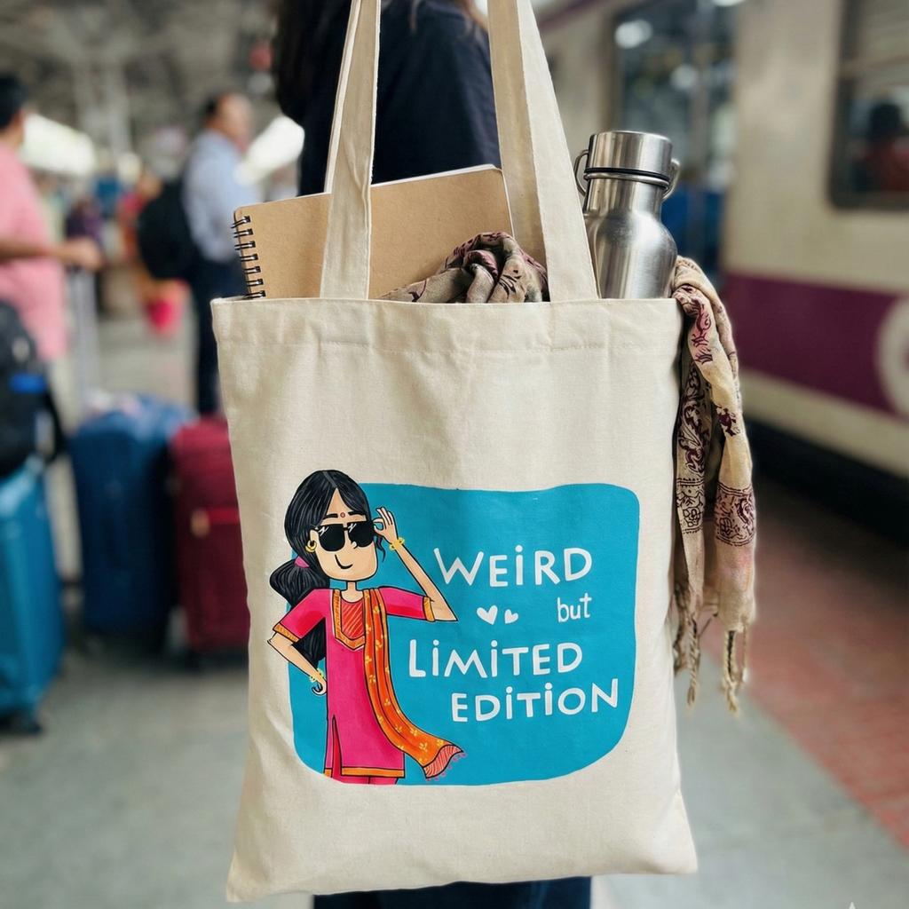 Hand-Painted Cotton Tote Bag with Inside Pocket – “Weird but Limited Edition” Art Design