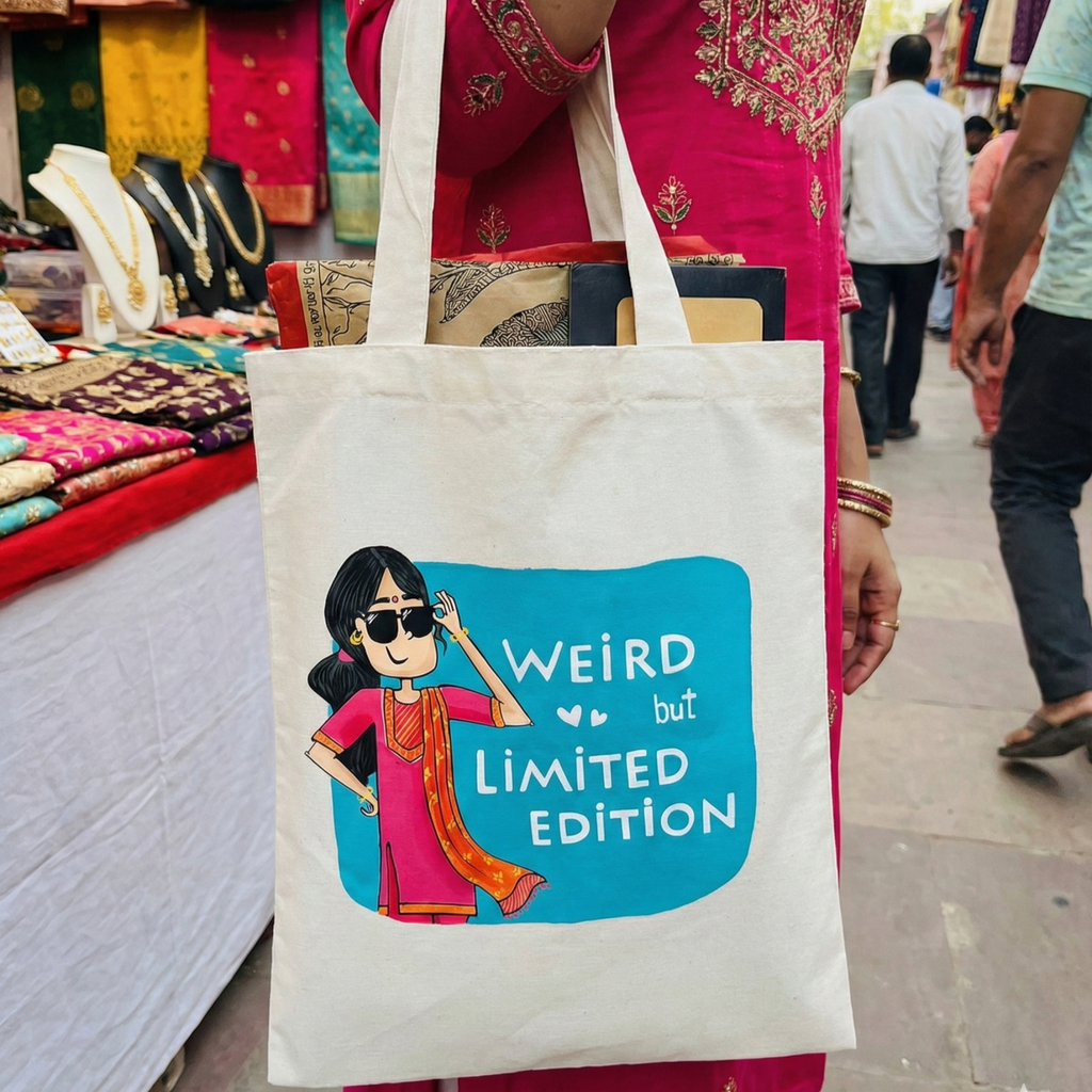 Hand-Painted Cotton Tote Bag with Inside Pocket – “Weird but Limited Edition” Art Design