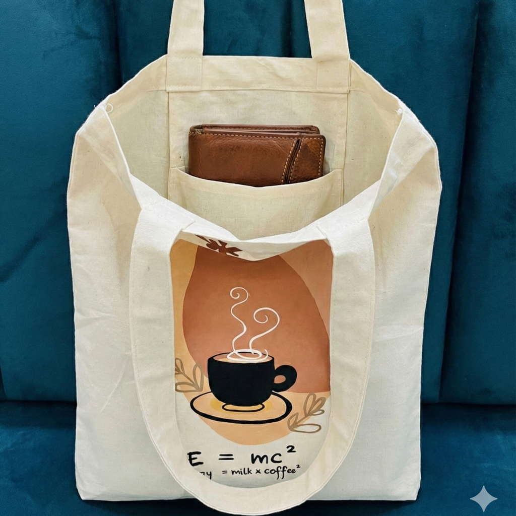 Hand-Painted Cotton Tote Bag with Inside Pocket – “Energy = Milk & Coffee” Coffee Art Design