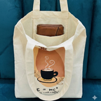 Hand-Painted Cotton Tote Bag with Inside Pocket – “Energy = Milk & Coffee” Coffee Art Design